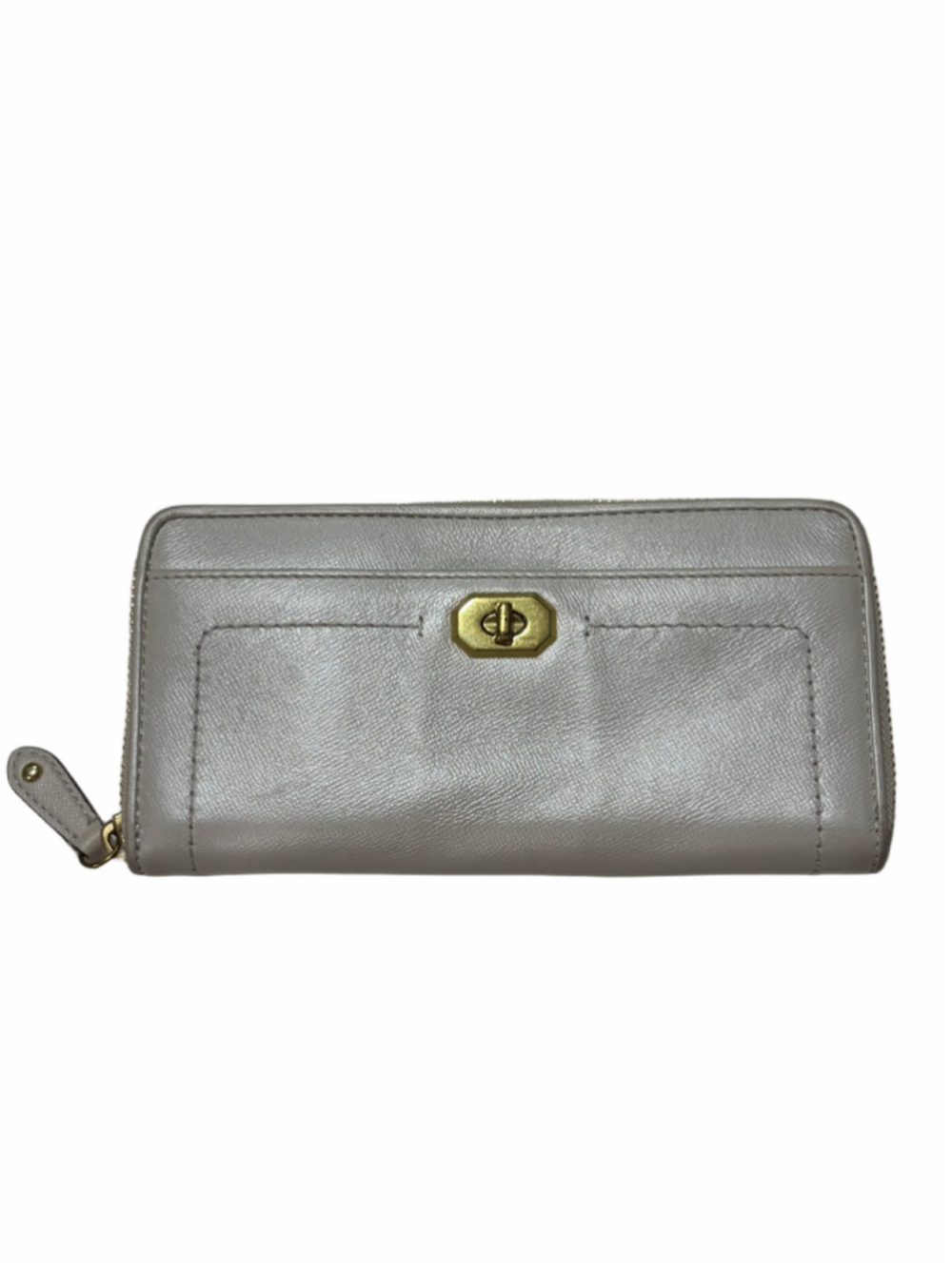 Coach Campbell Turn Lock All Around Zip Accordion Wallet Pearl Gold Leather
